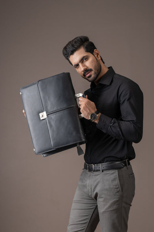 Black leather laptop bag