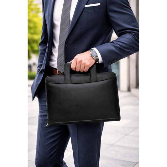 Premium Leather Zip Portfolio Organizer with Handle